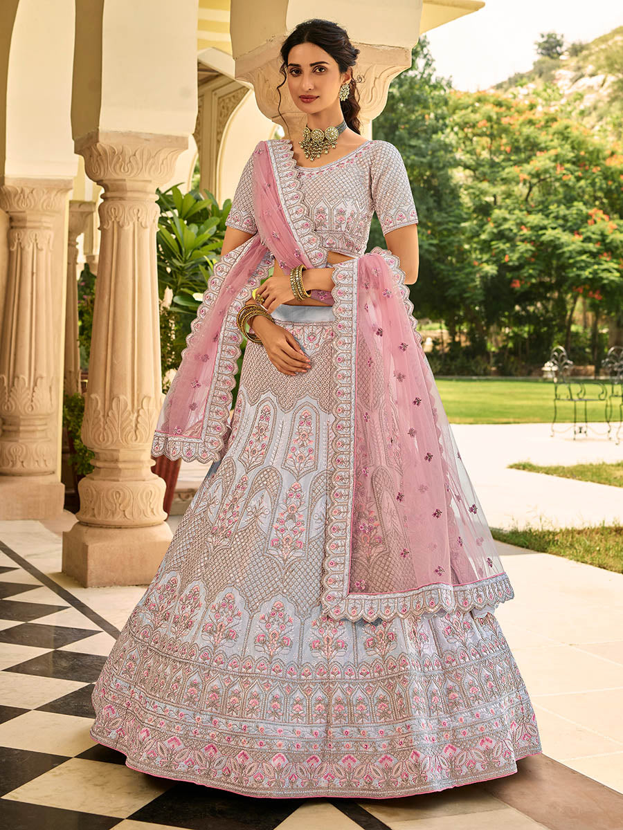 Myra Dusty Blue Organza Embroidered Lehenga Choli | Grocsy