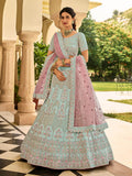 Myra Beautiful Sea Blue Organza Embroidered Lehenga Choli | Grocsy