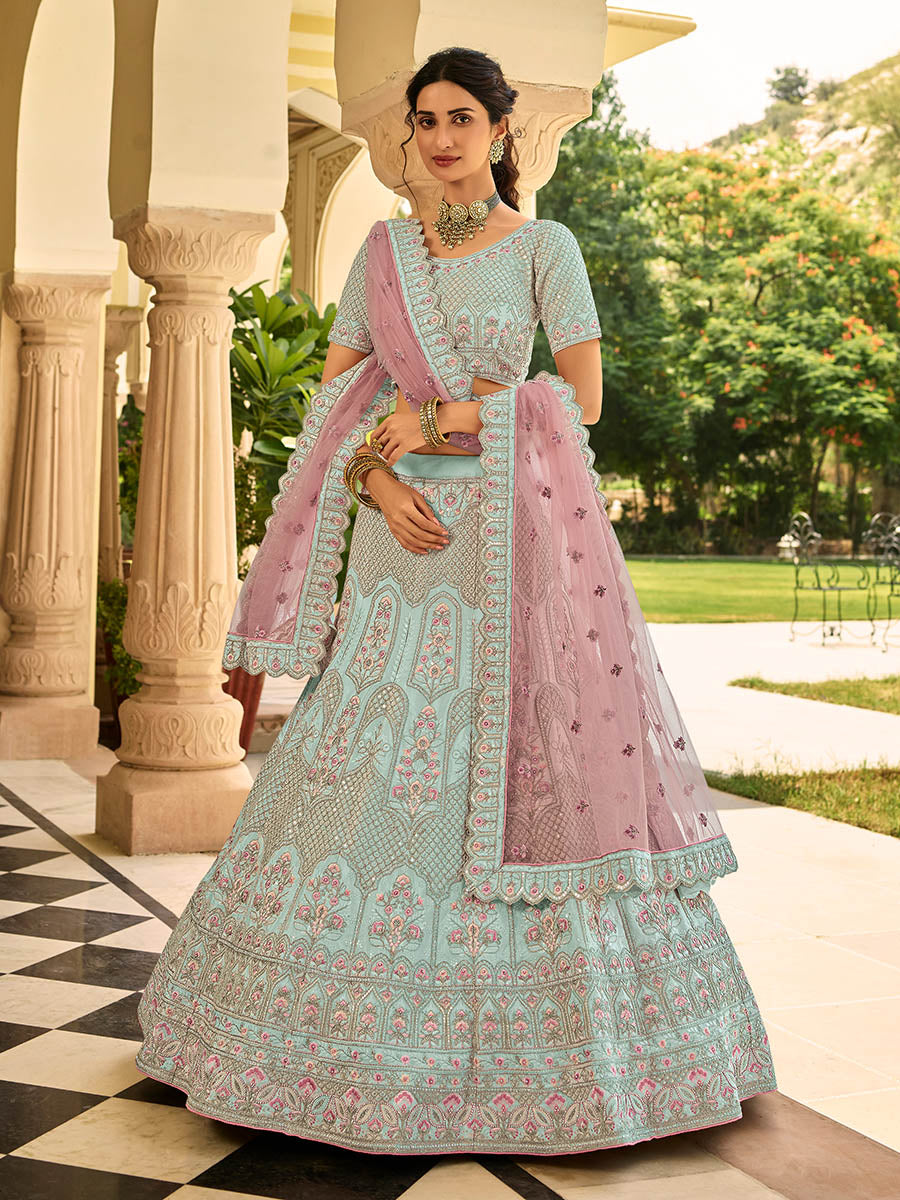 Myra Beautiful Sea Blue Organza Embroidered Lehenga Choli | Grocsy
