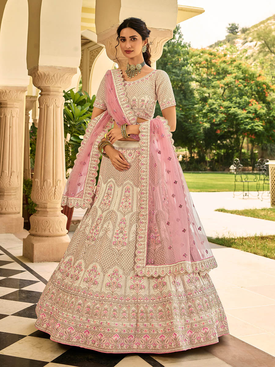 Myra Beige Organza Embroidered Lehenga Choli | Grocsy