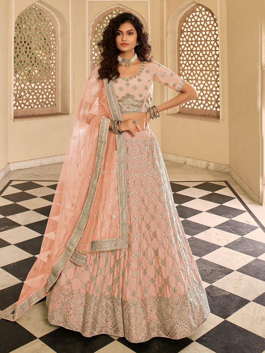 Myra Peach Organza Embroidered Lehenga Choli | Grocsy
