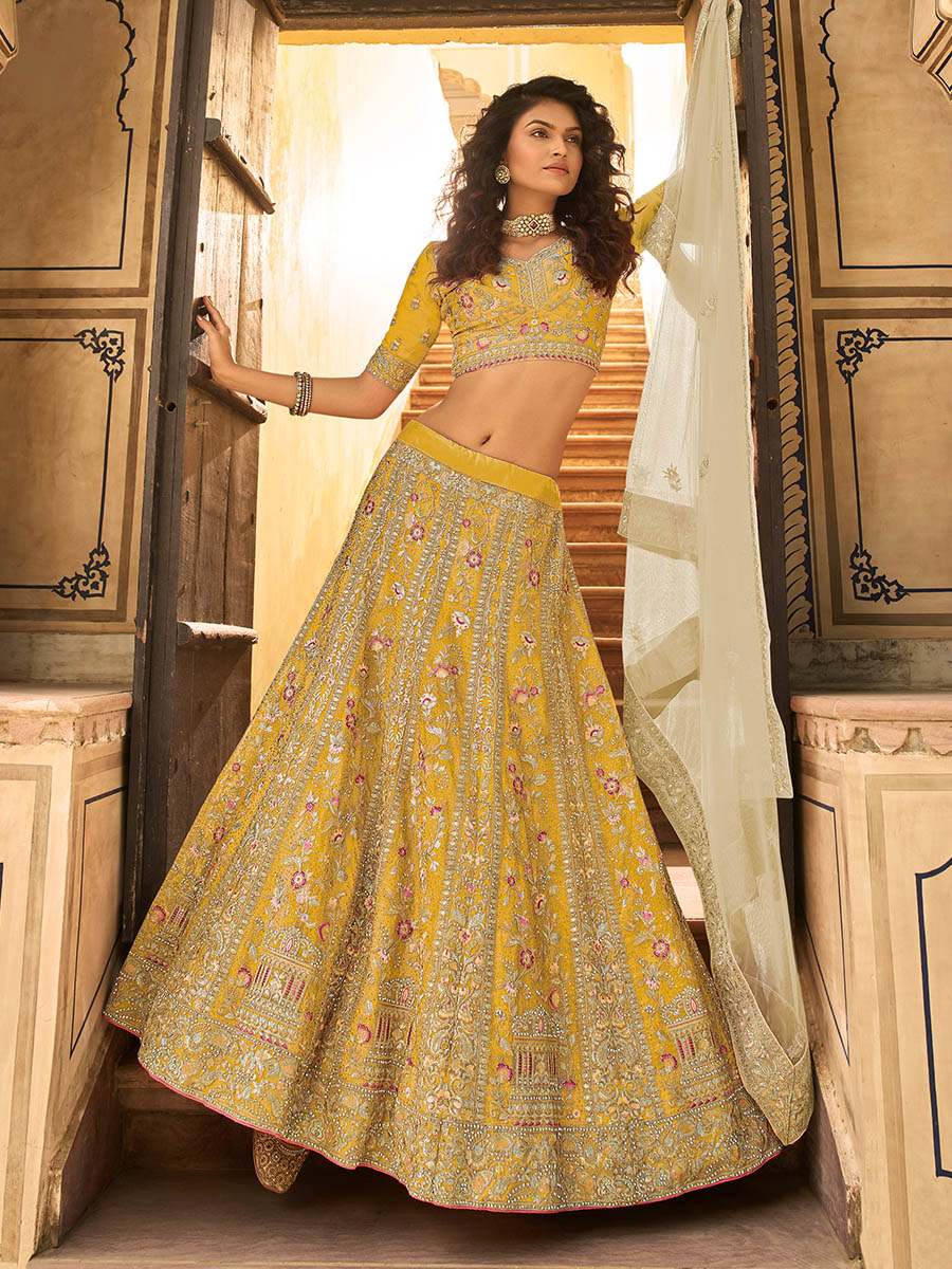 Myra Yellow Organza Embroidered Lehenga Choli | Grocsy
