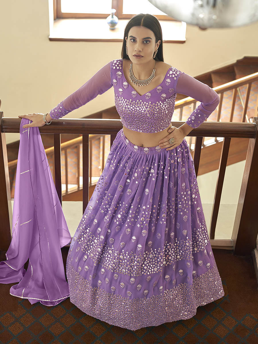 Myra Lilac Georgette Embroidered Lehenga | Grocsy