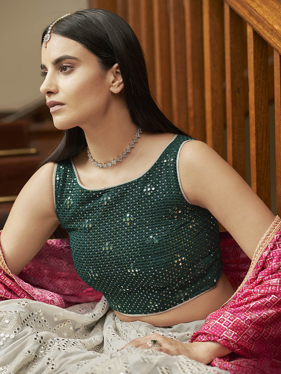 Myra Grey Organza Embroidered Lehenga | Grocsy