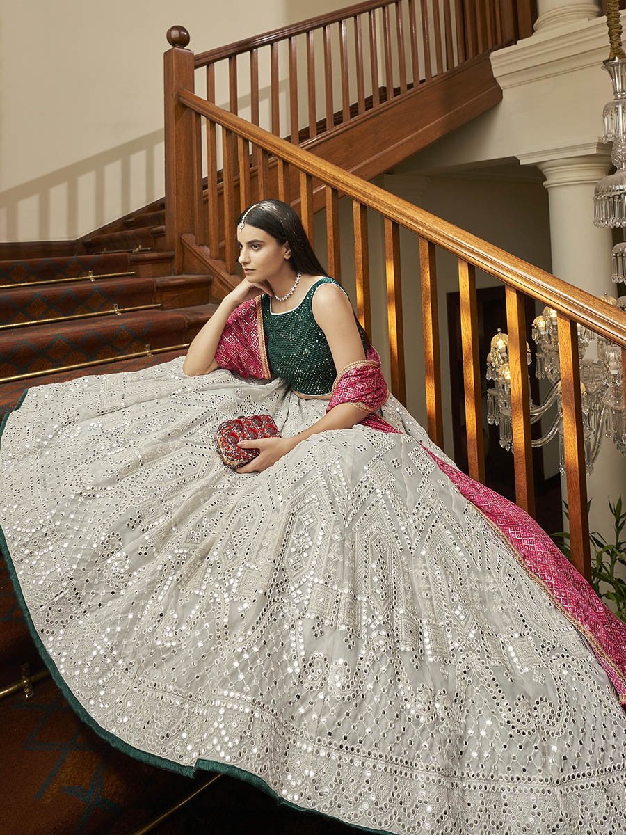 Myra Grey Organza Embroidered Lehenga | Grocsy
