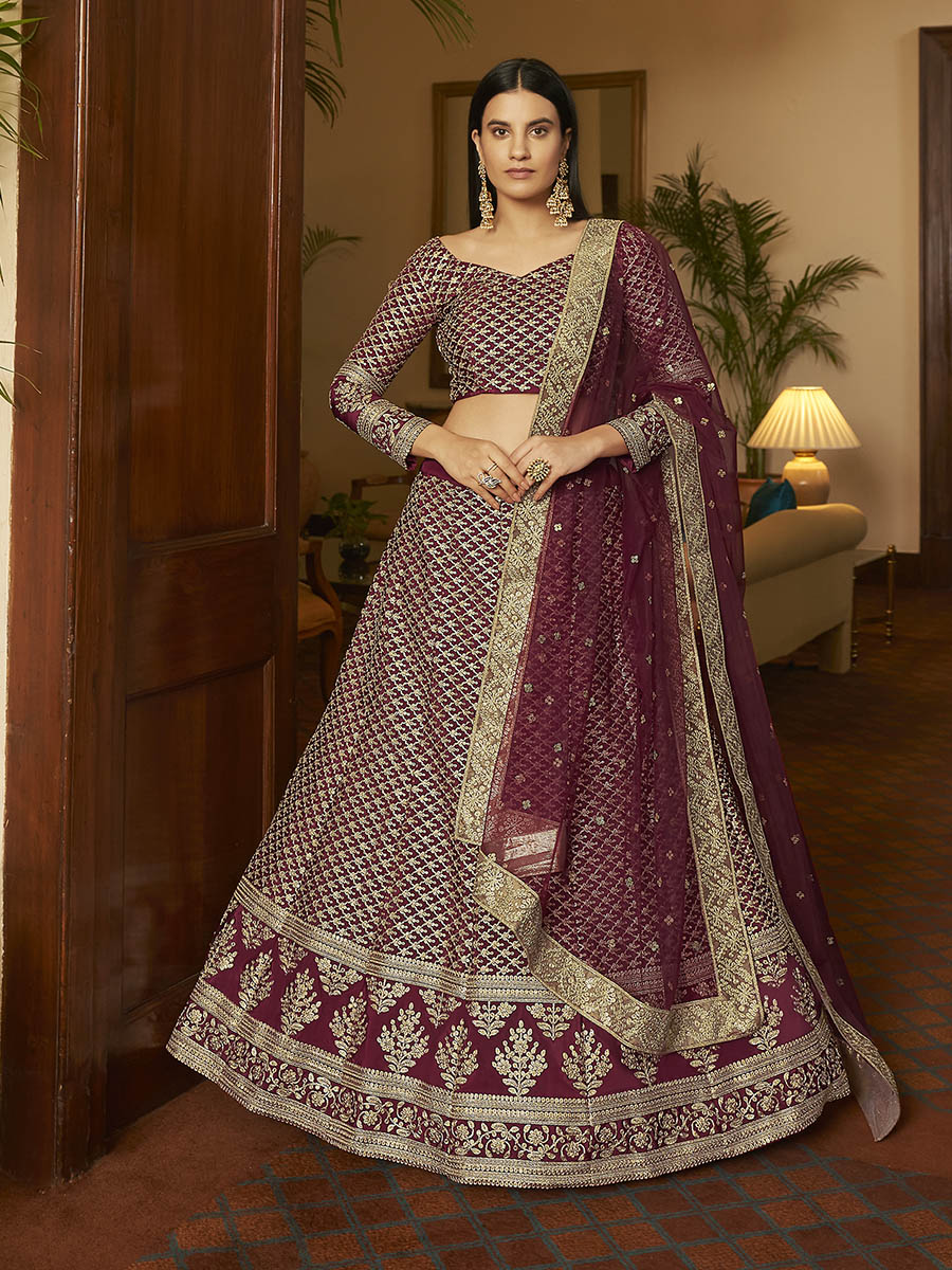 Myra Maroon Crepe Embroidered Lehenga | Grocsy
