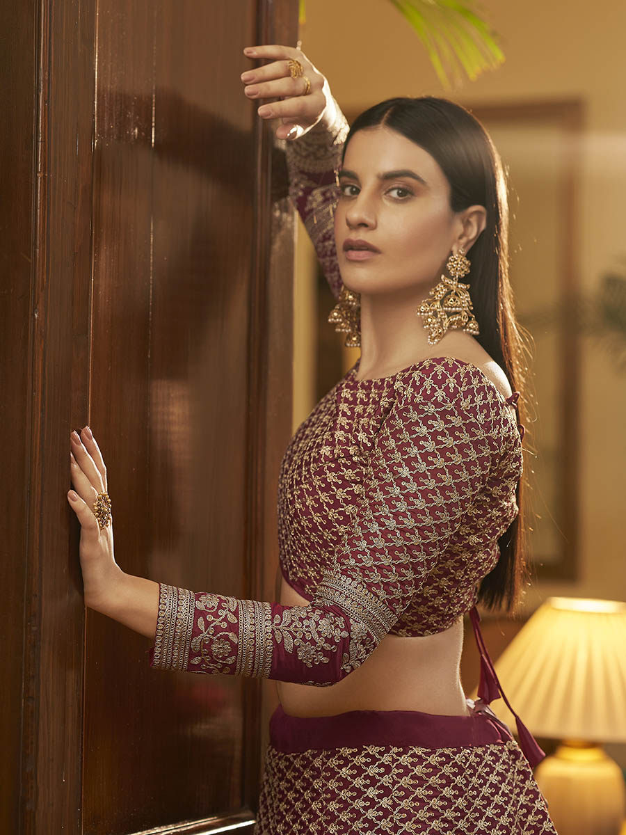Myra Maroon Crepe Embroidered Lehenga | Grocsy