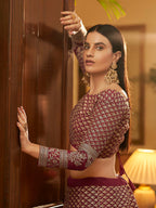 Myra Maroon Crepe Embroidered Lehenga | Grocsy
