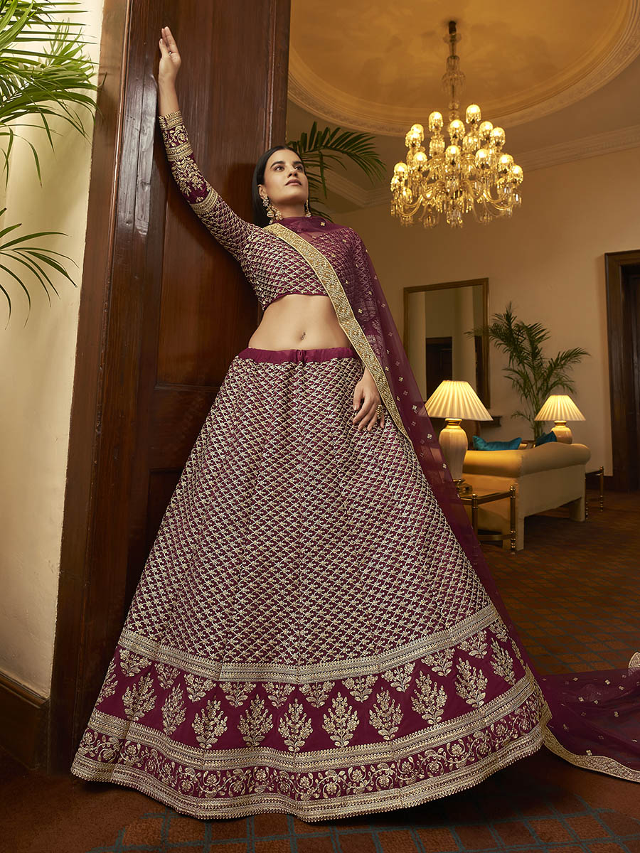 Myra Maroon Crepe Embroidered Lehenga | Grocsy