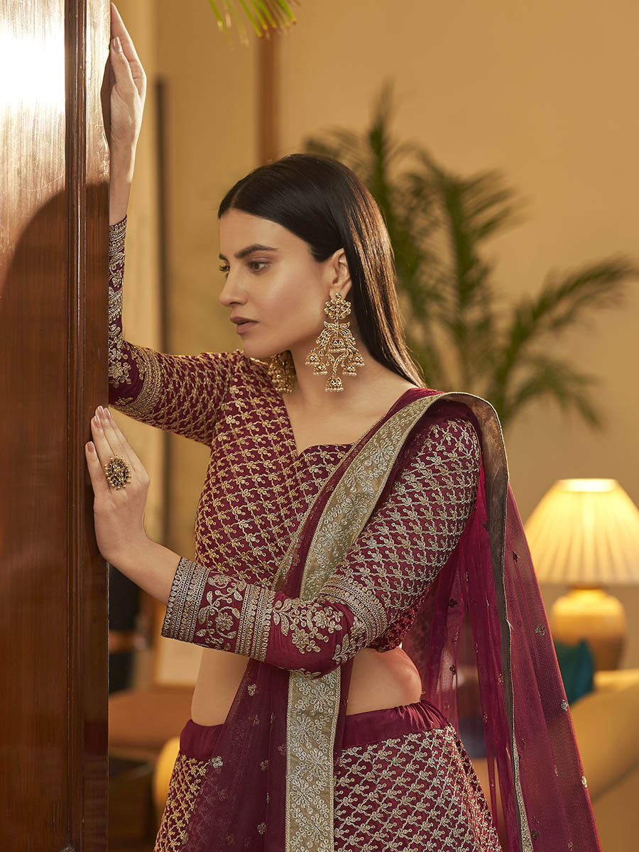 Myra Maroon Crepe Embroidered Lehenga | Grocsy