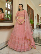 Myra Peach Soft Net Embroidered Lehenga | Grocsy