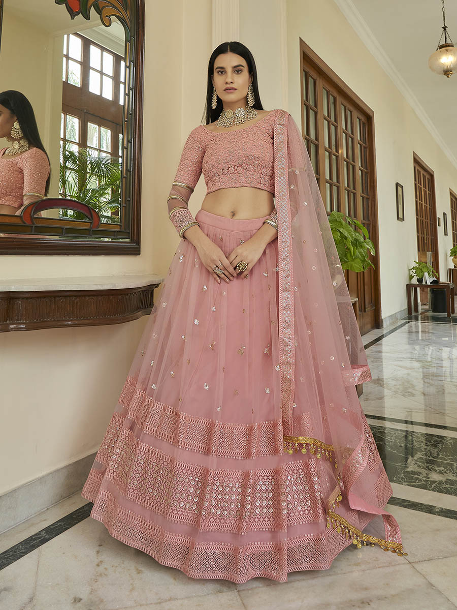 Myra Peach Soft Net Embroidered Lehenga | Grocsy