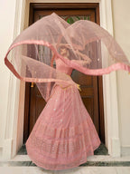 Myra Peach Soft Net Embroidered Lehenga | Grocsy