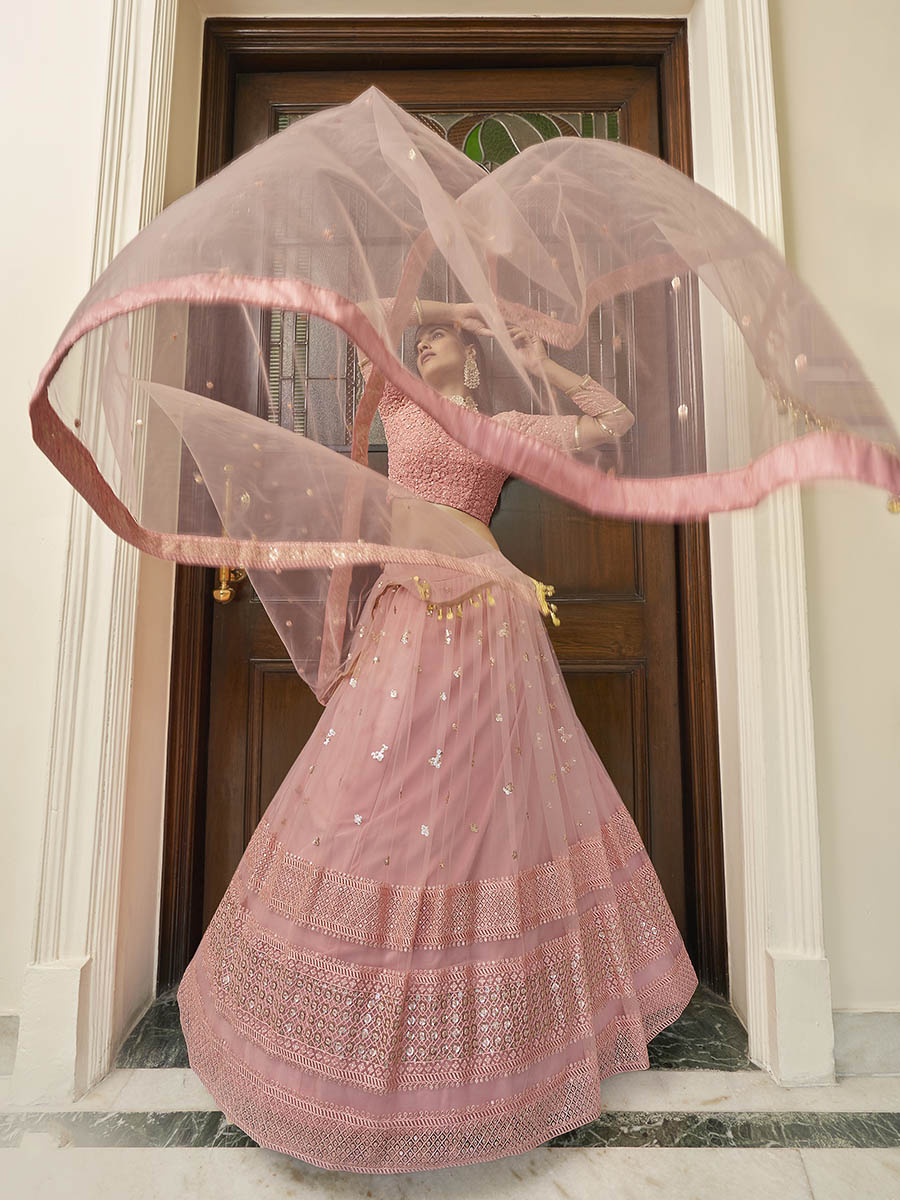Myra Peach Soft Net Embroidered Lehenga | Grocsy