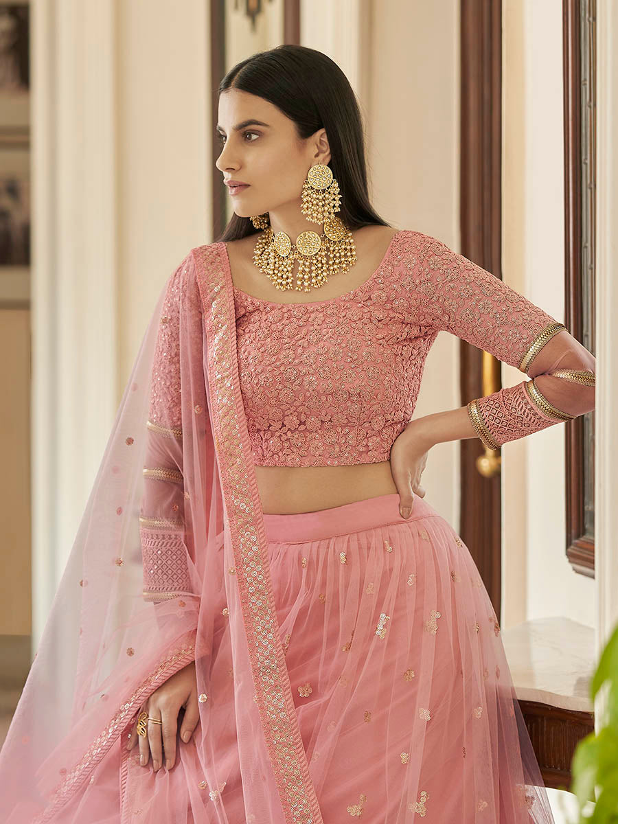 Myra Peach Soft Net Embroidered Lehenga | Grocsy