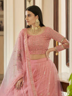 Myra Peach Soft Net Embroidered Lehenga | Grocsy