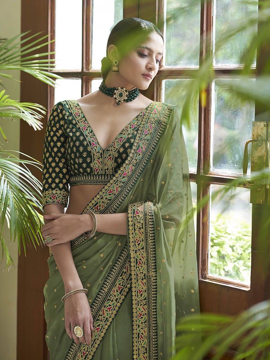 Myra Olive Green Embroidered Organza Fancy Saree | Grocsy