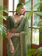 Myra Olive Green Embroidered Organza Fancy Saree | Grocsy
