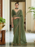 Myra Olive Green Embroidered Organza Fancy Saree | Grocsy
