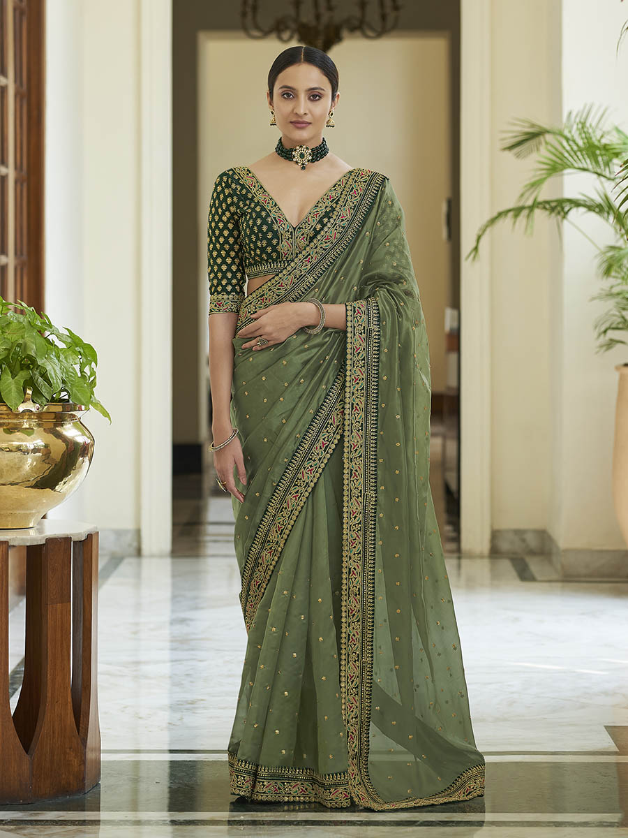 Myra Olive Green Embroidered Organza Fancy Saree | Grocsy