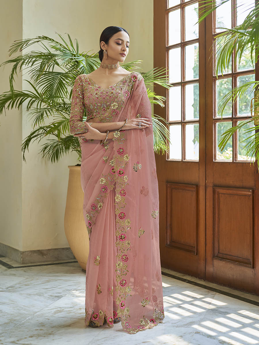 Myra Peach Embroidered Organza Fancy Saree | Grocsy