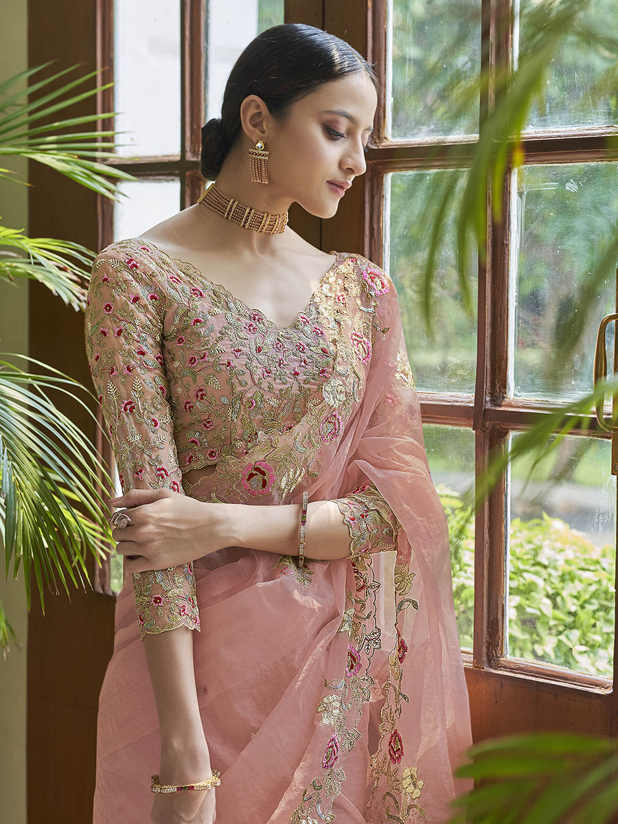 Myra Peach Embroidered Organza Fancy Saree | Grocsy