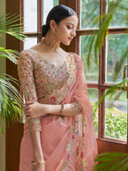 Myra Peach Embroidered Organza Fancy Saree | Grocsy