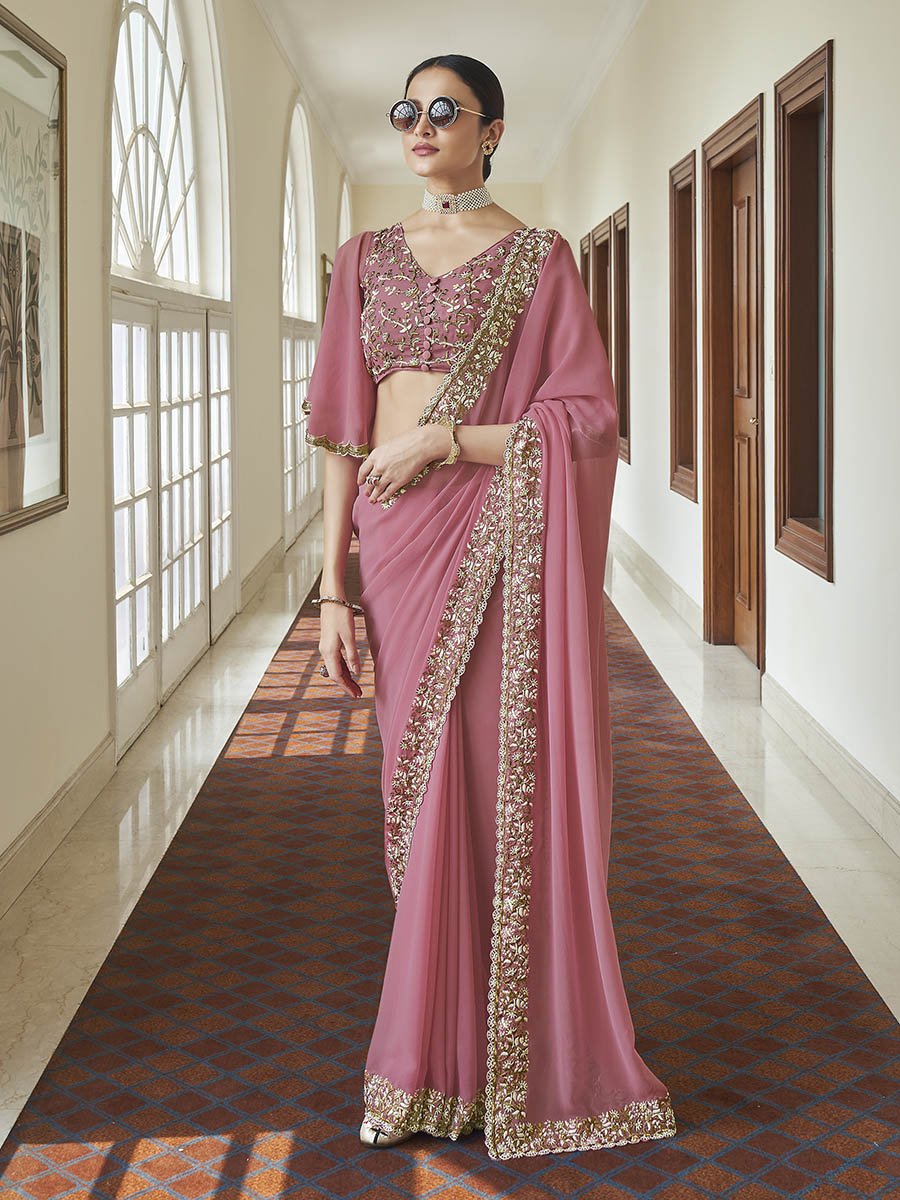 Myra Pink Embroidered Georgette Fancy Saree | Grocsy