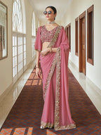 Myra Pink Embroidered Georgette Fancy Saree | Grocsy
