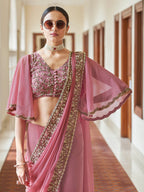 Myra Pink Embroidered Georgette Fancy Saree | Grocsy