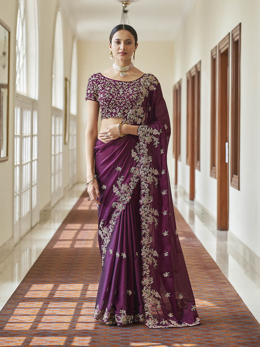 Myra Purple Embroidered Crepe Fancy Saree | Grocsy