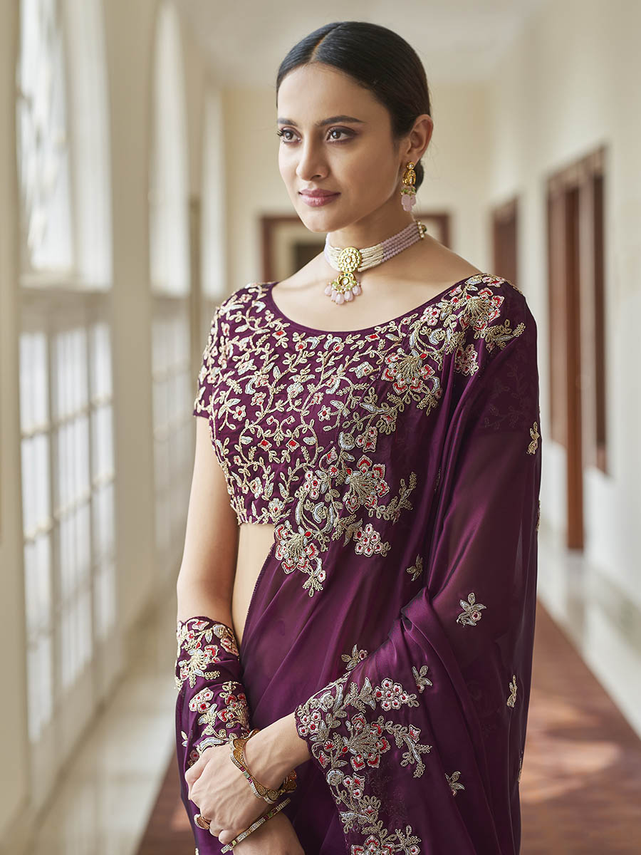 Myra Purple Embroidered Crepe Fancy Saree | Grocsy