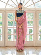 Myra Peach Embroidered Georgette Fancy Saree | Grocsy