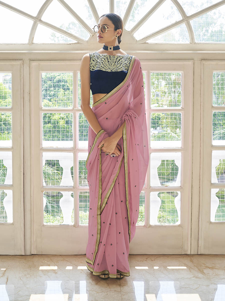 Myra Peach Embroidered Georgette Fancy Saree | Grocsy