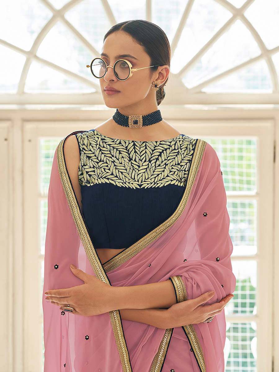 Myra Peach Embroidered Georgette Fancy Saree | Grocsy