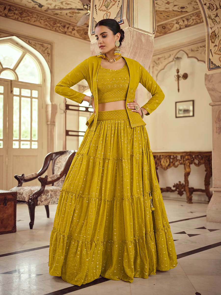 Myra Mustard Yellow georgette Designer Suit | Grocsy