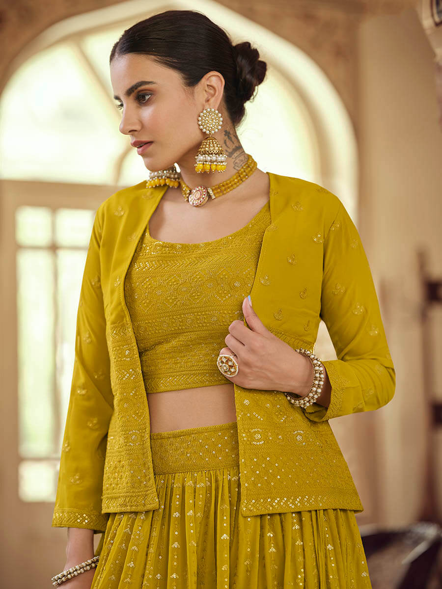 Myra Mustard Yellow georgette Designer Suit | Grocsy
