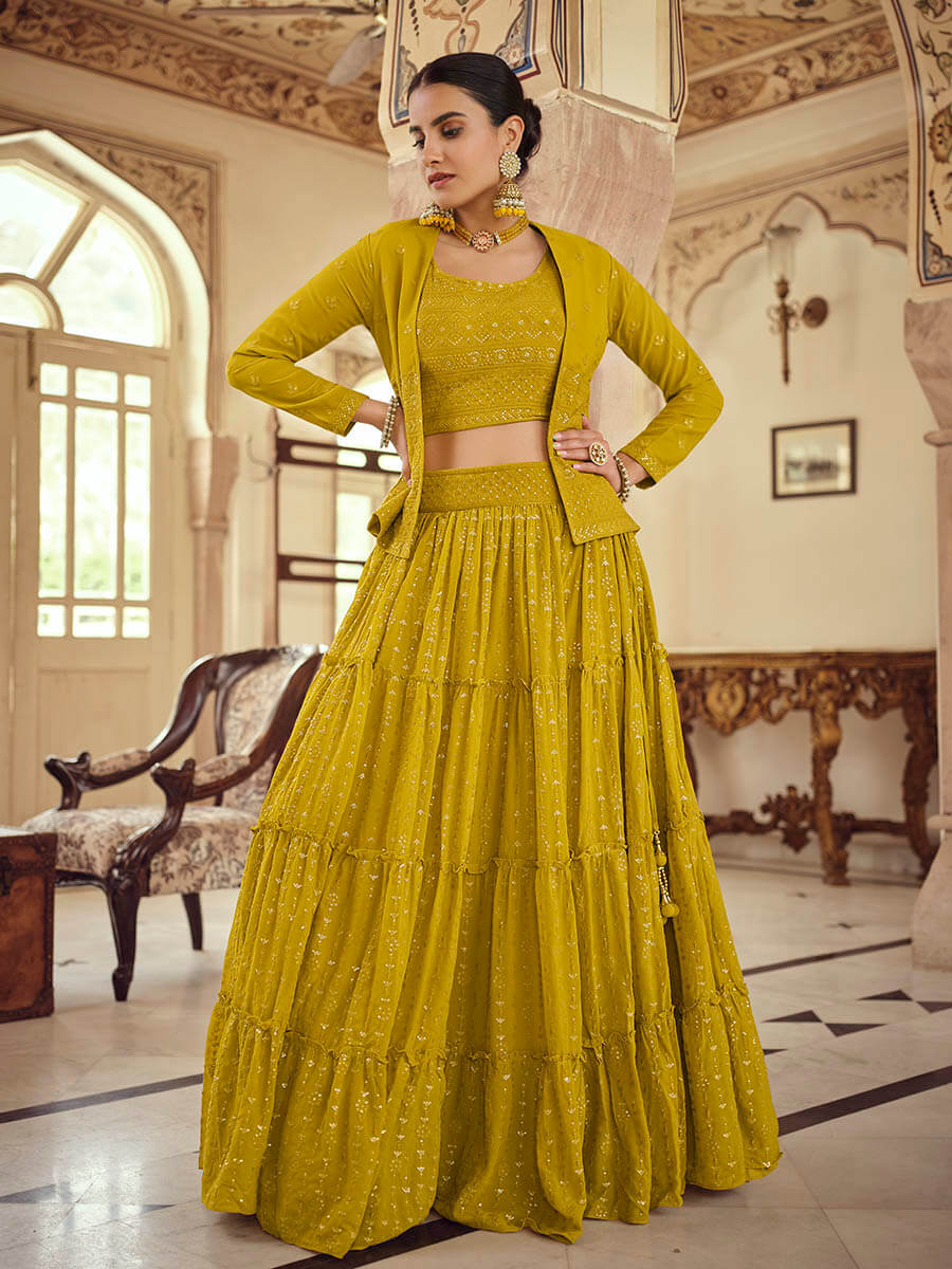 Myra Mustard Yellow georgette Designer Suit | Grocsy