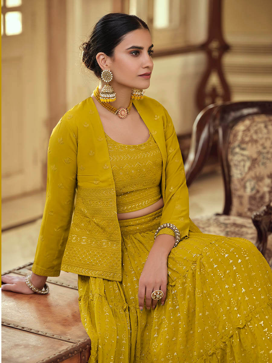 Myra Mustard Yellow georgette Designer Suit | Grocsy