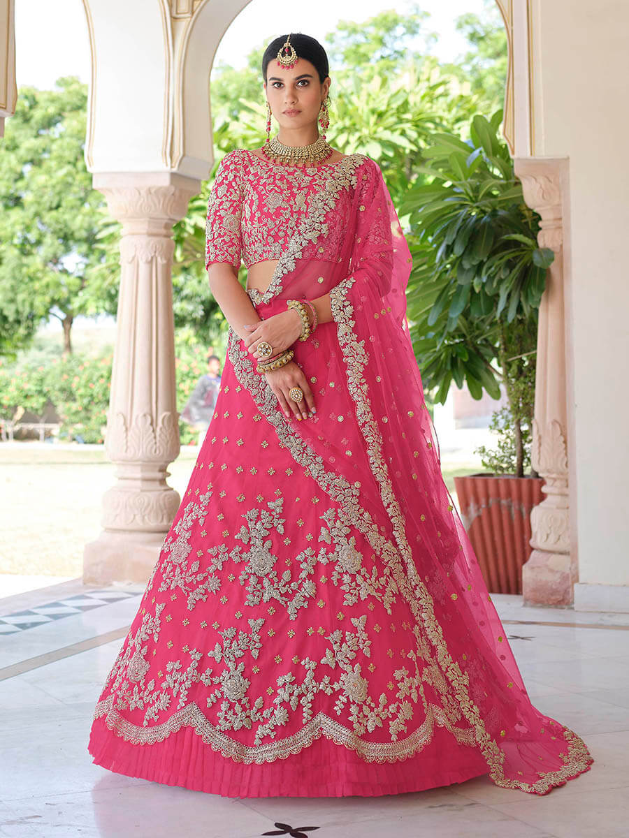 Myra Pink Net Embroidered Lehenga | Grocsy