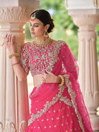 Myra Pink Net Embroidered Lehenga | Grocsy