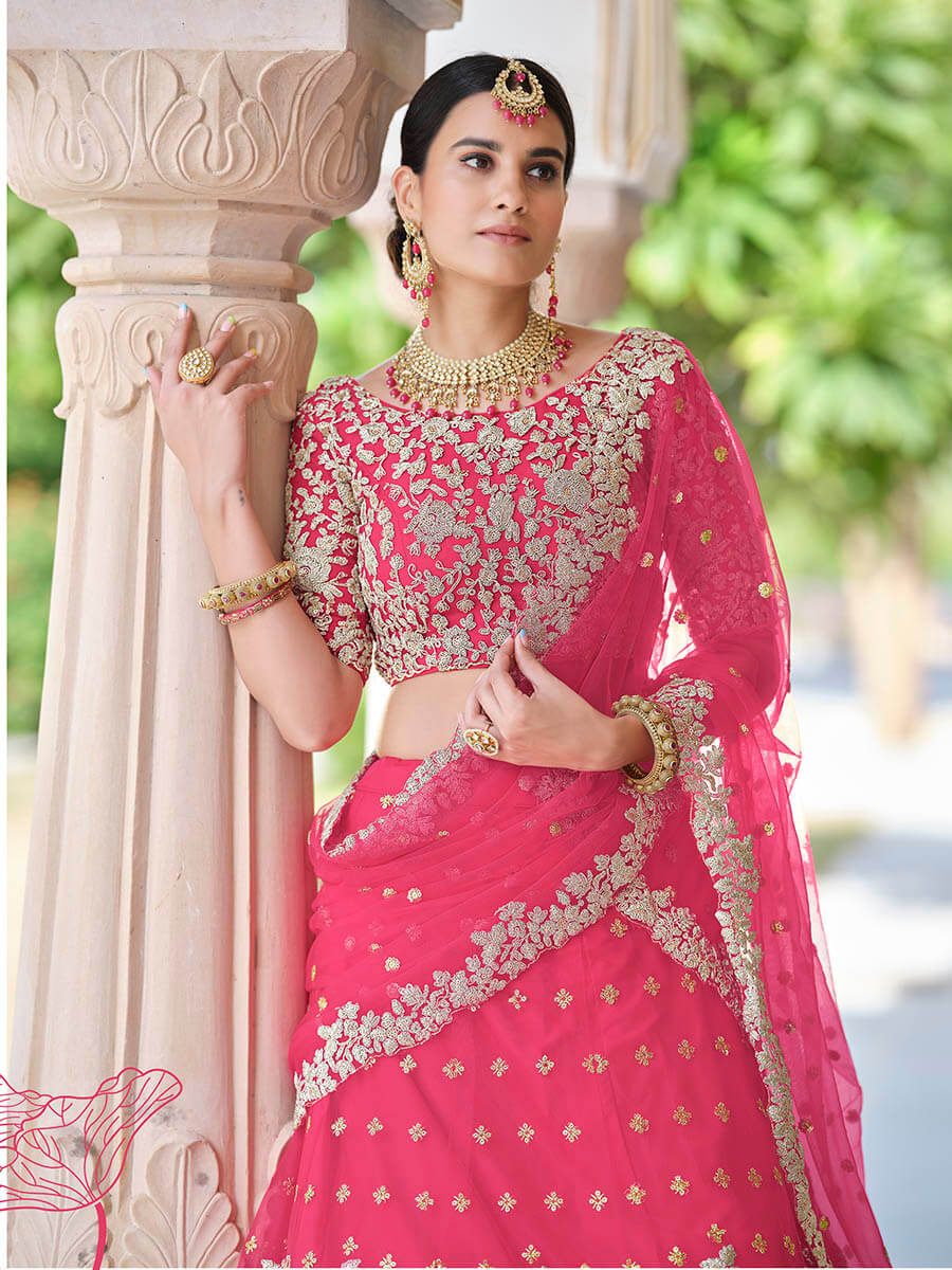 Myra Pink Net Embroidered Lehenga | Grocsy