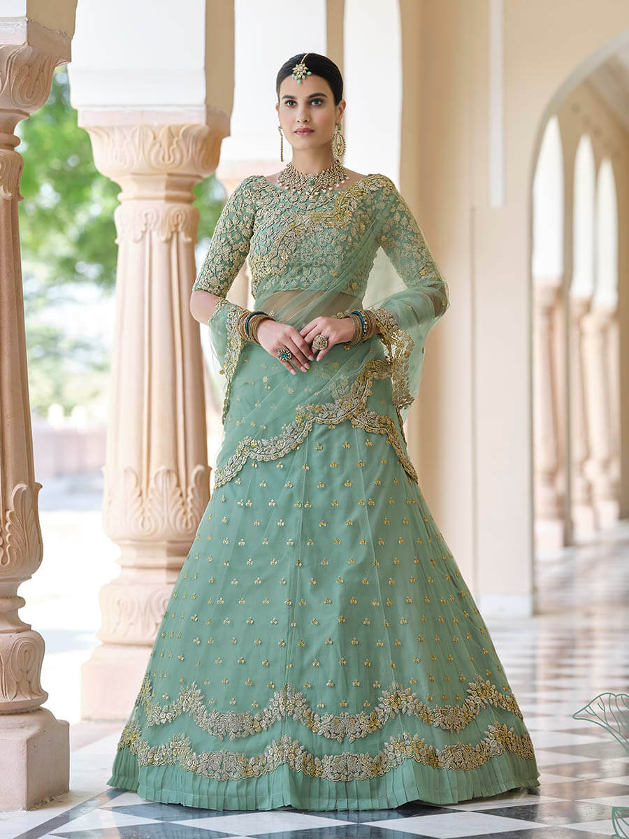 Myra Pista Net Embroidered Lehenga | Grocsy