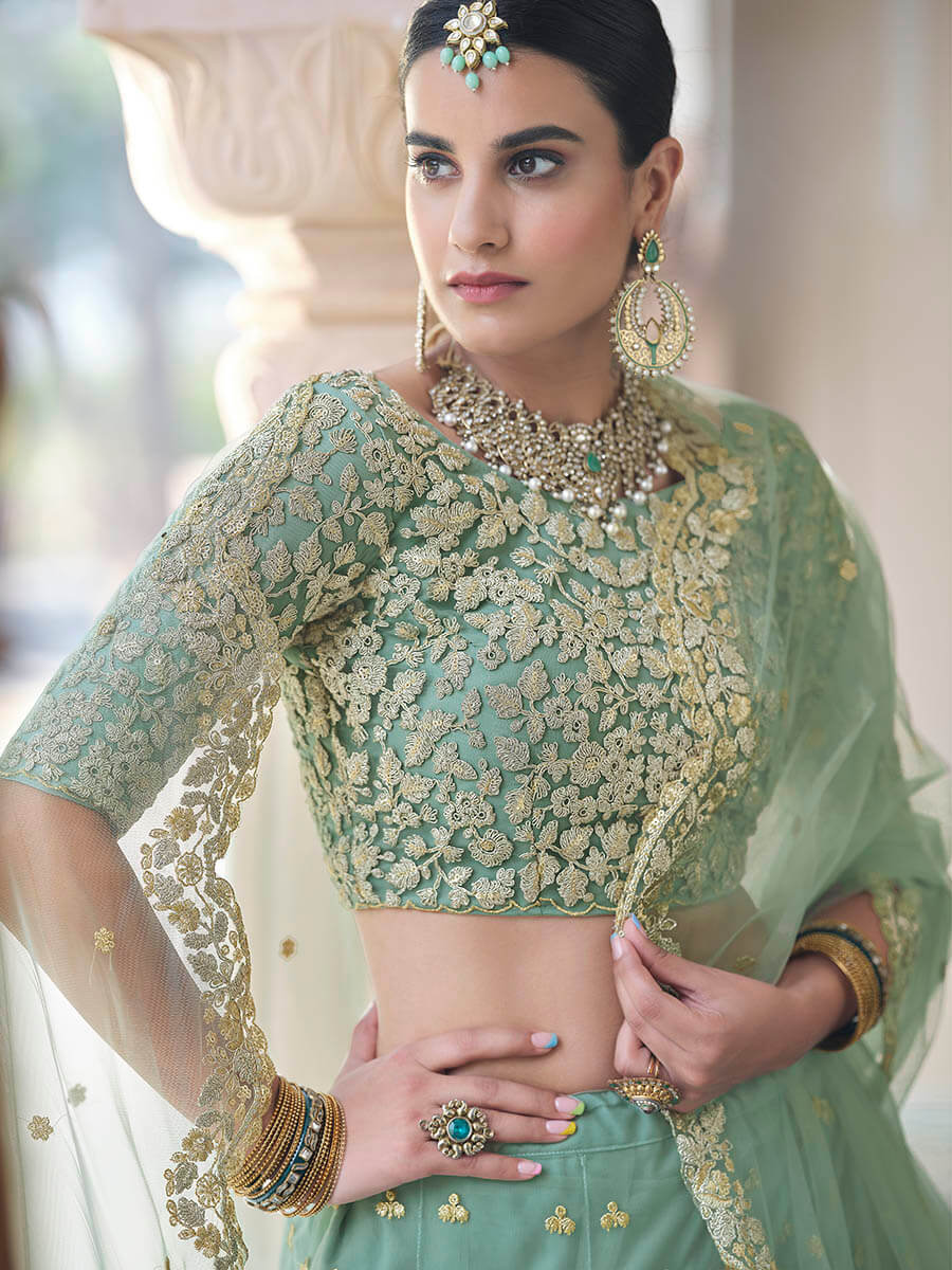 Myra Pista Net Embroidered Lehenga | Grocsy