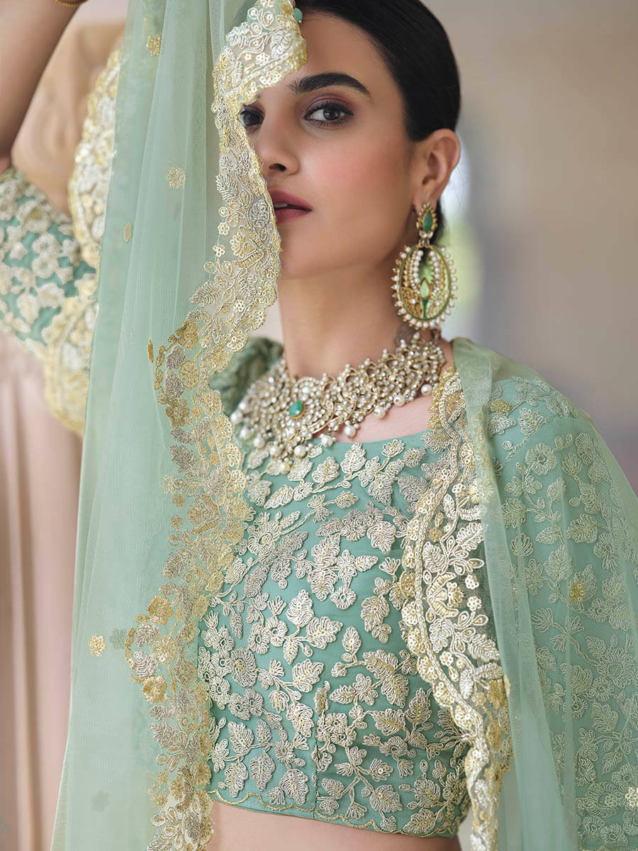 Myra Pista Net Embroidered Lehenga | Grocsy