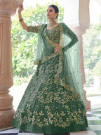 Myra Rama Green Net Embroidered Lehenga | Grocsy