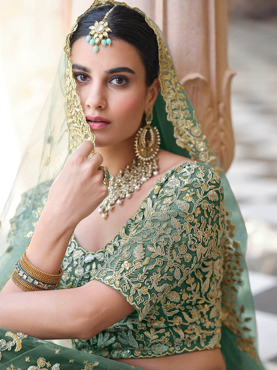 Myra Rama Green Net Embroidered Lehenga | Grocsy