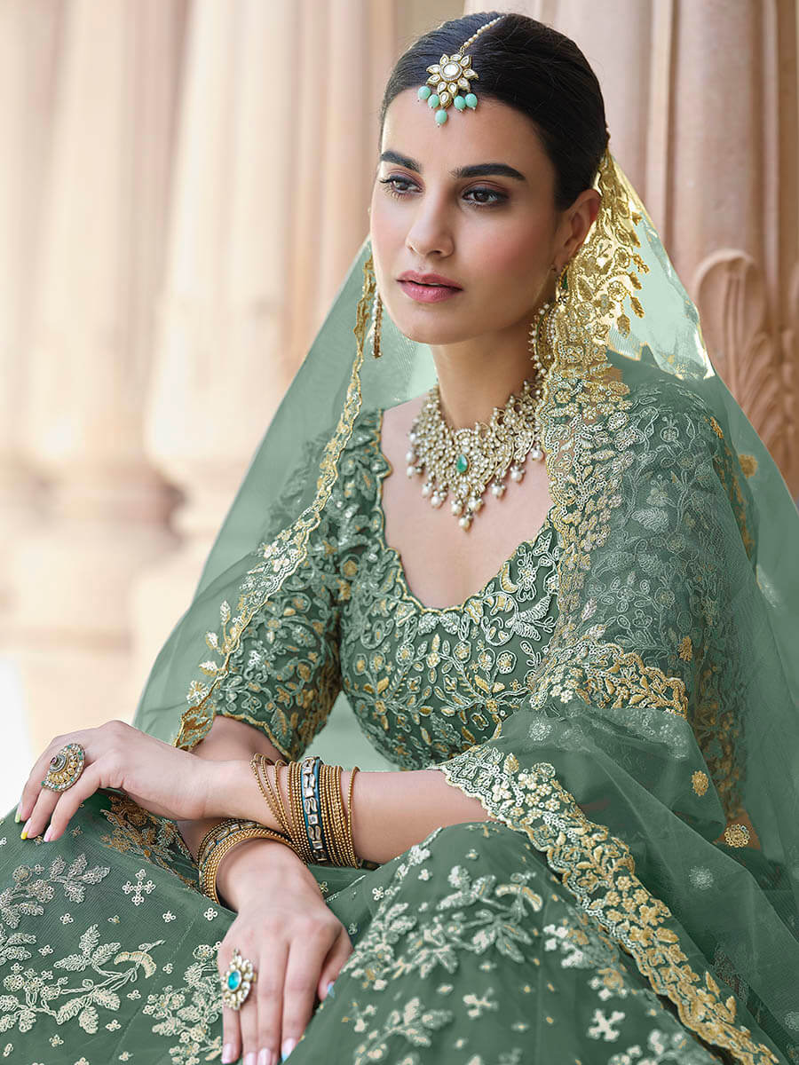 Myra Rama Green Net Embroidered Lehenga | Grocsy