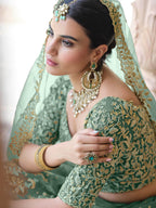 Myra Rama Green Net Embroidered Lehenga | Grocsy