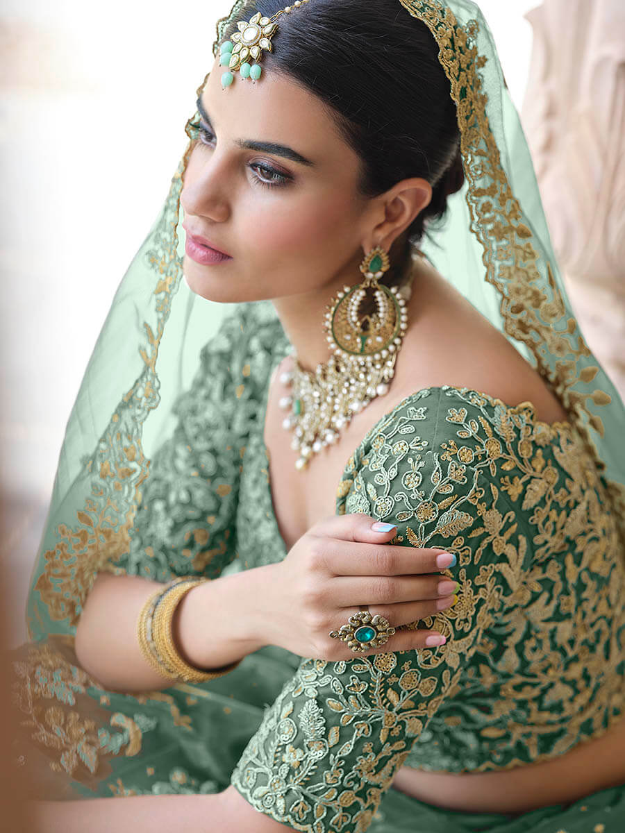 Myra Rama Green Net Embroidered Lehenga | Grocsy